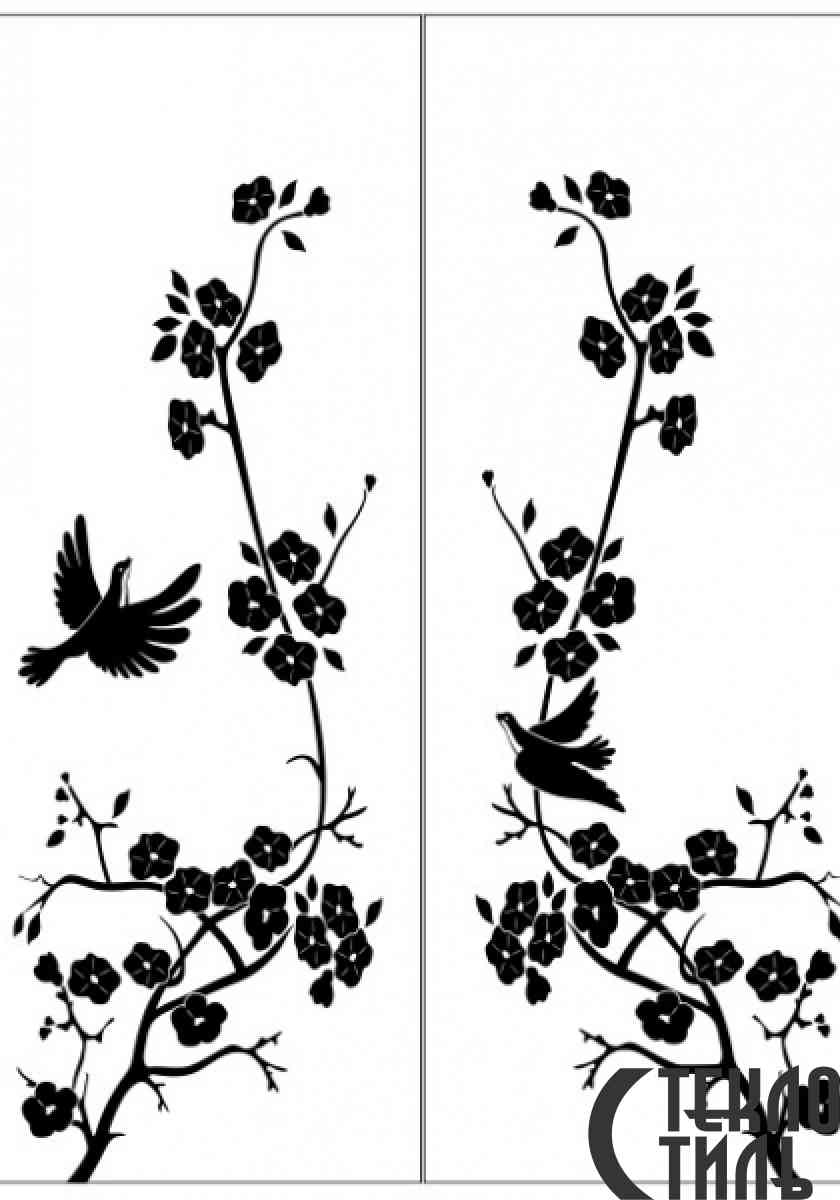 Рисунок пескоструя на зеркале,птички с ветками